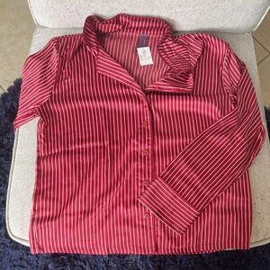 Red Striped Button-Up Silk Sleep Shirt